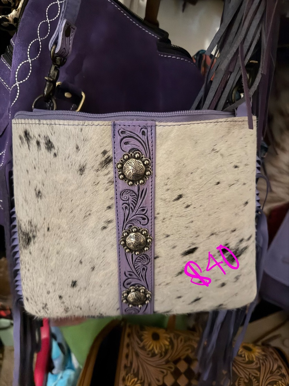 Lavender Accent Hair-on-Hide Crossbody Bag with Concho Trim